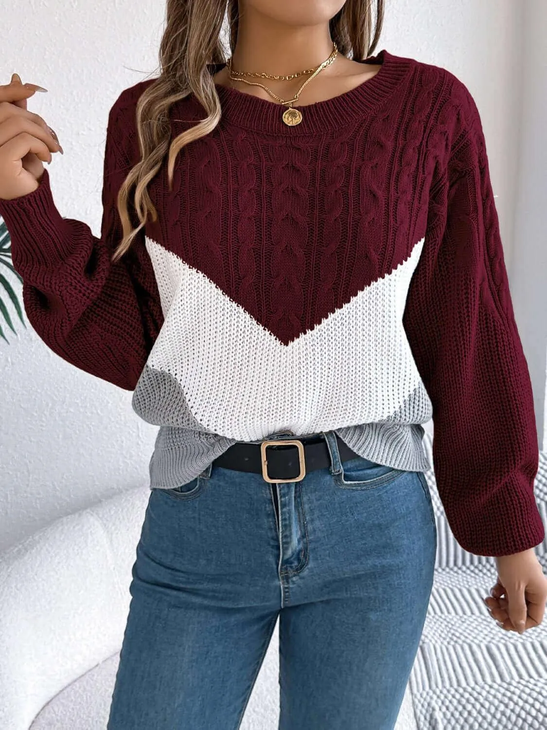 Cable-Knit Color Block Round Neck Sweater – Trendy and Bold