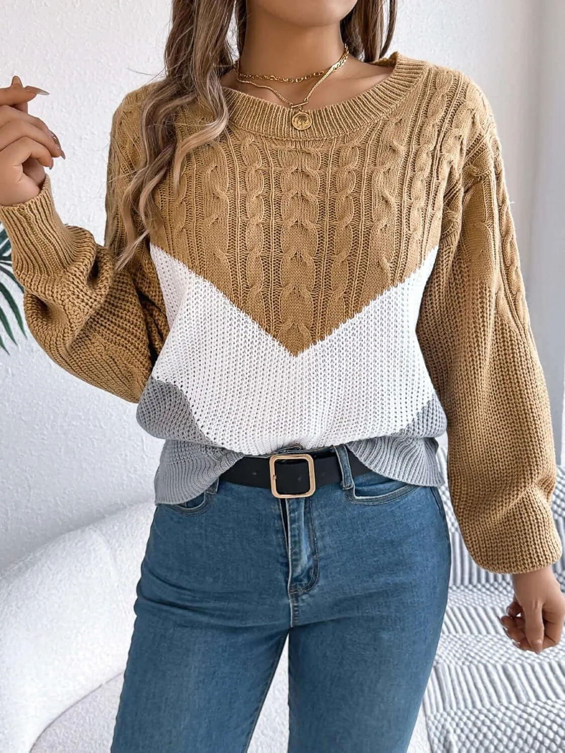 Cable-Knit Color Block Round Neck Sweater – Trendy and Bold