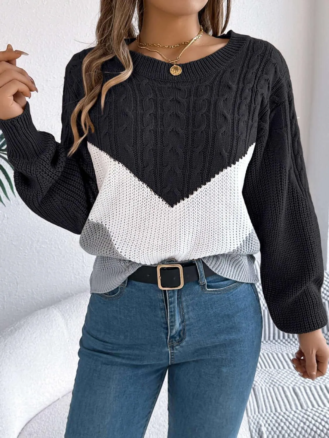Cable-Knit Color Block Round Neck Sweater – Trendy and Bold