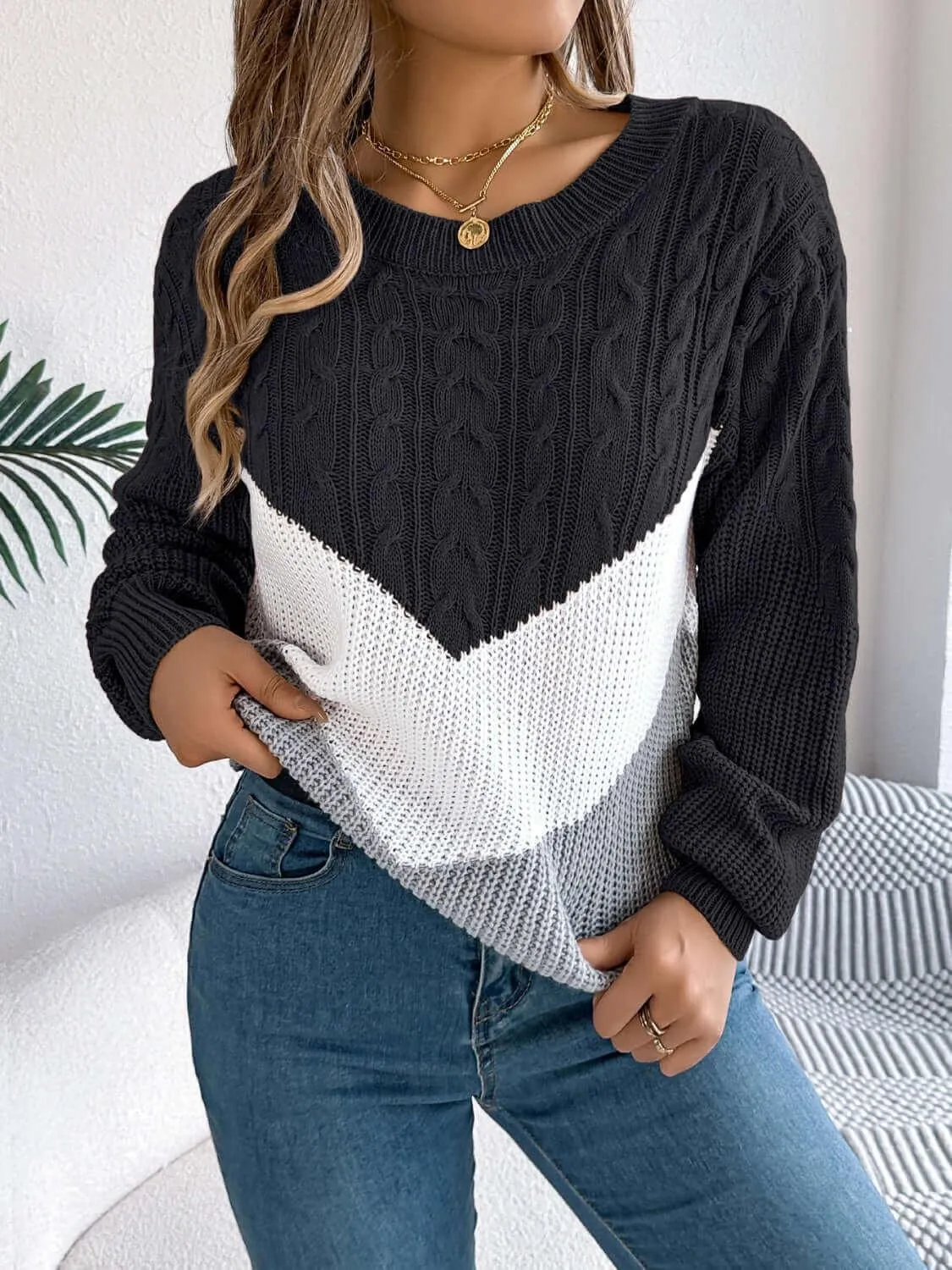 Cable-Knit Color Block Round Neck Sweater – Trendy and Bold