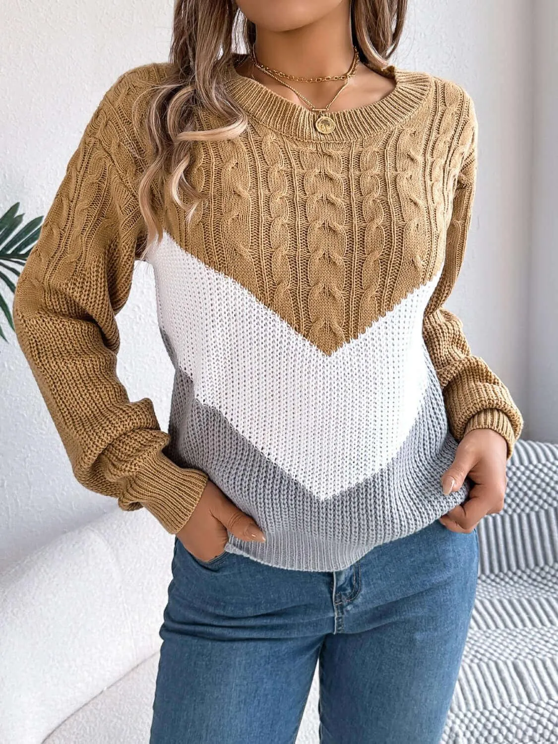 Cable-Knit Color Block Round Neck Sweater – Trendy and Bold