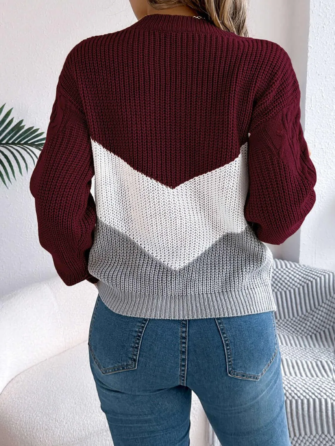 Cable-Knit Color Block Round Neck Sweater – Trendy and Bold