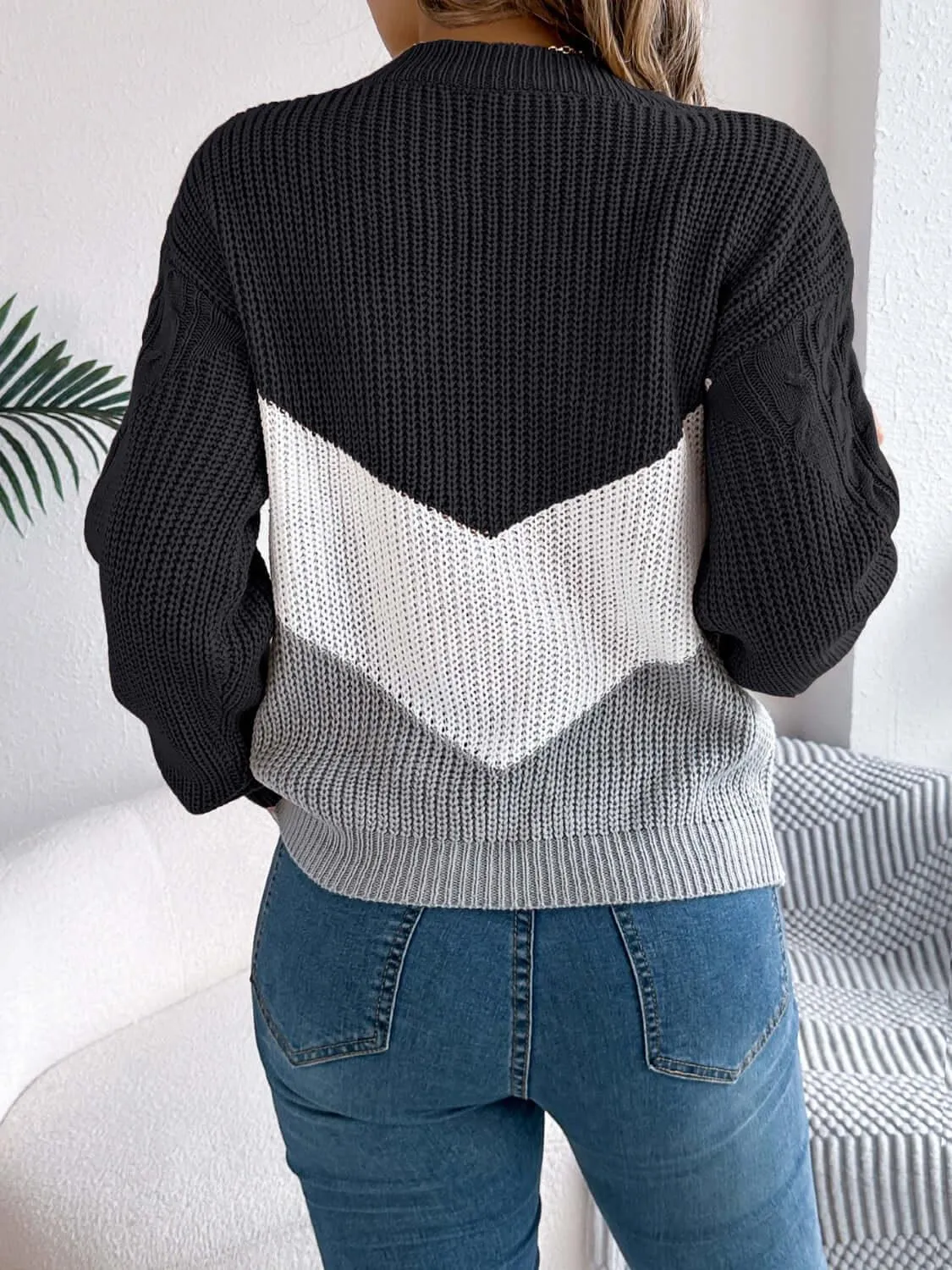 Cable-Knit Color Block Round Neck Sweater – Trendy and Bold