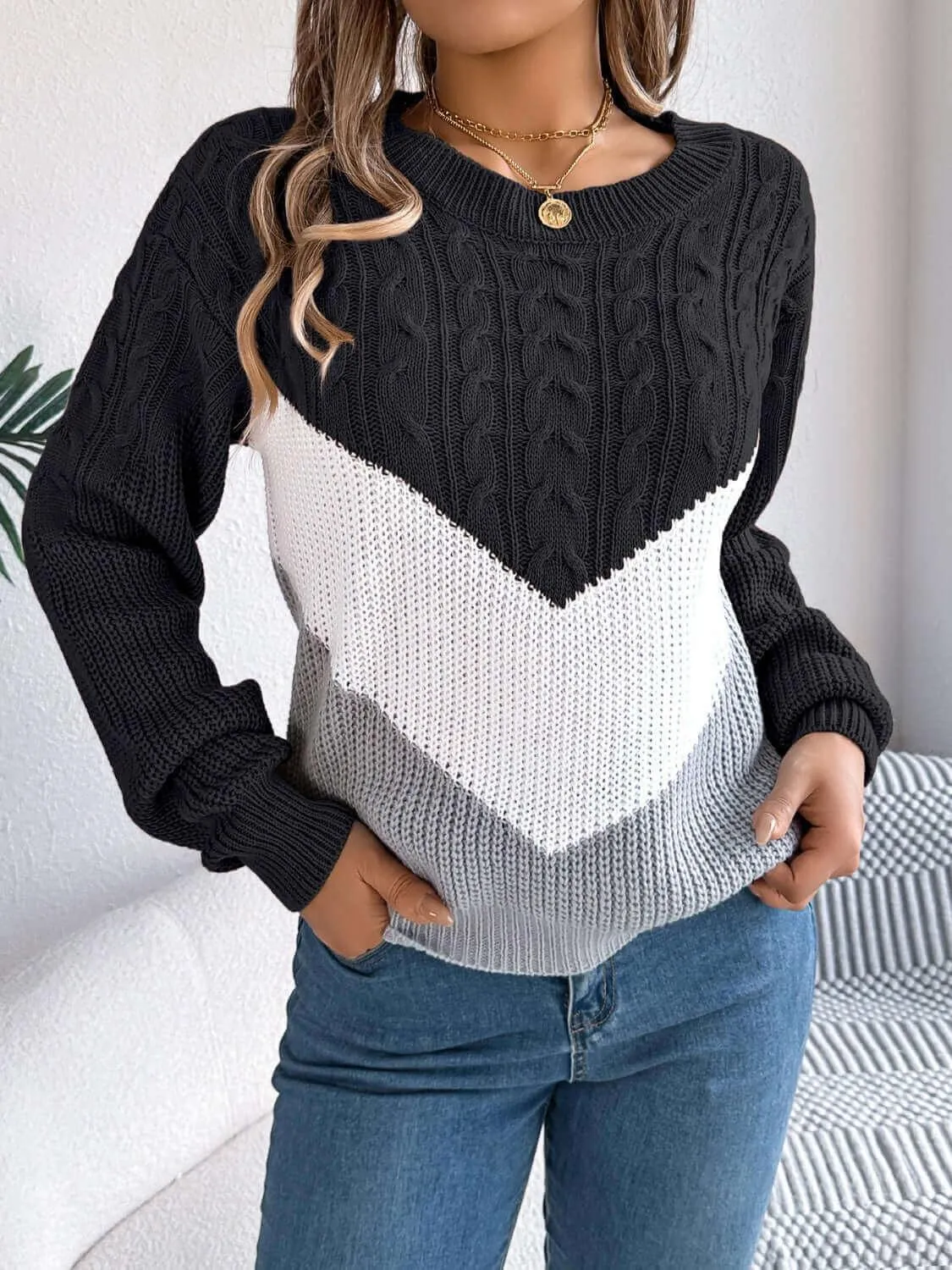 Cable-Knit Color Block Round Neck Sweater – Trendy and Bold