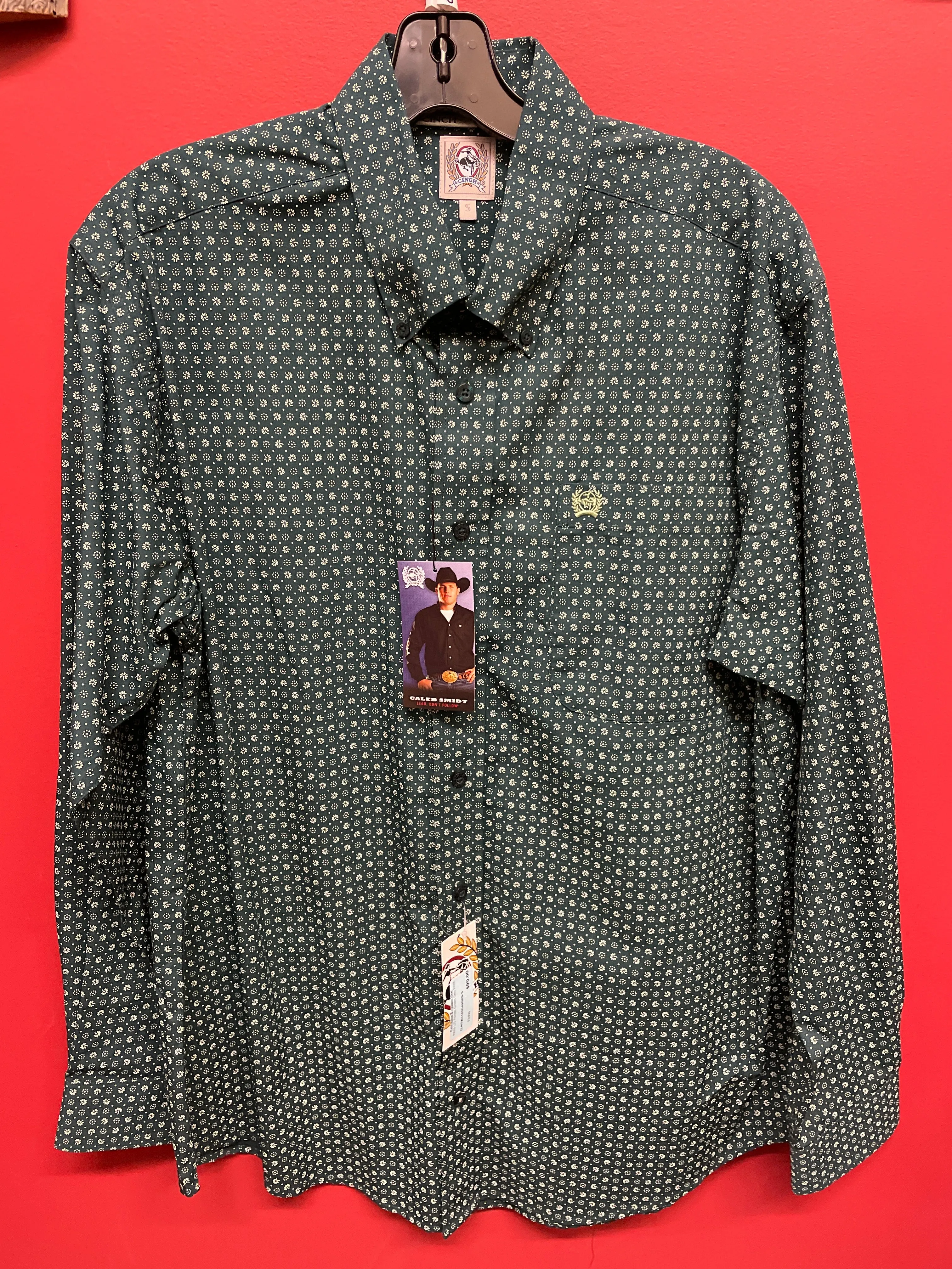 CLMTW1105049GRN-S Mens L/S Forest Green Geo Print