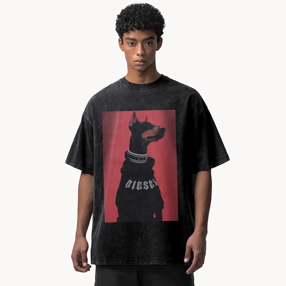 Collar Sweatshirt Doberman Pinscher Washed T-Shirt