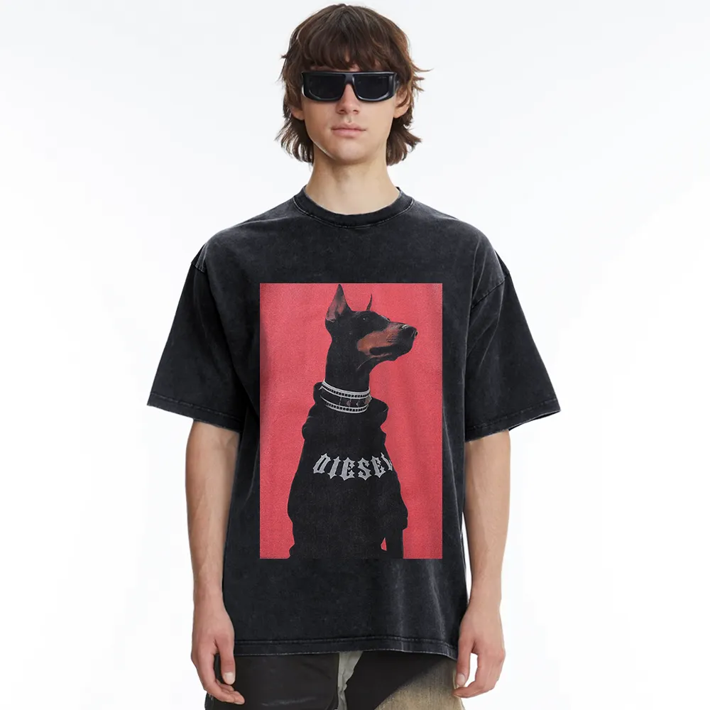 Collar Sweatshirt Doberman Pinscher Washed T-Shirt