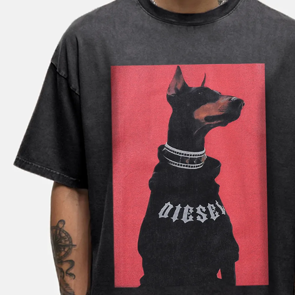 Collar Sweatshirt Doberman Pinscher Washed T-Shirt