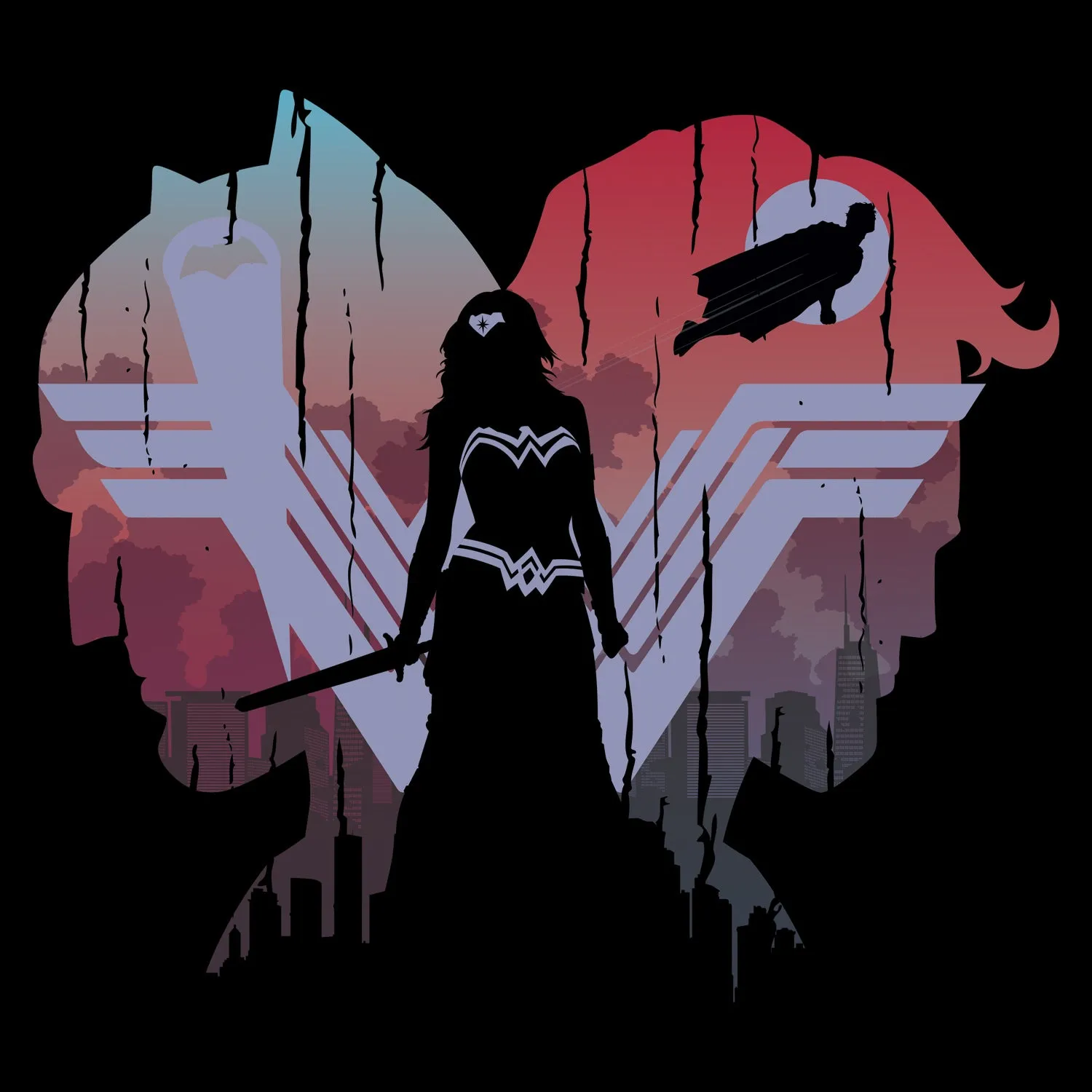DC Batman V Superman Wonder Woman Logo Stencil Trinity Official Women's T-shirt (Black)