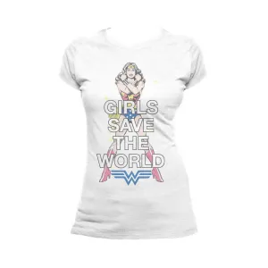 DC Comics Wonder Woman Girls Save World Official Women's T-shirt (White)
