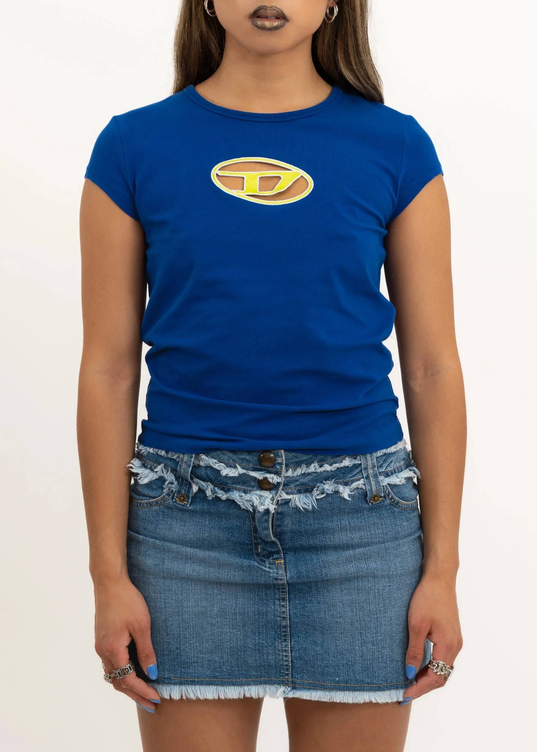 Denim mini skirt with frayed trims