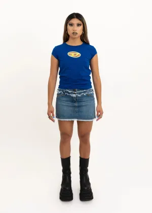 Denim mini skirt with frayed trims