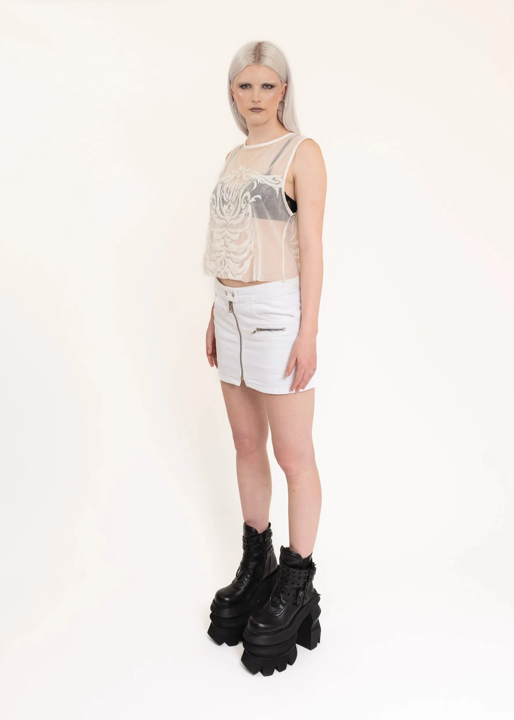Denim mini skirt with silver hardware