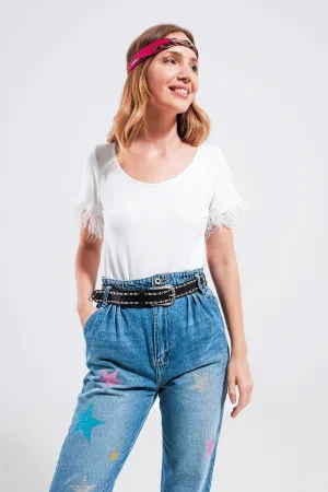 Embellished top with faux feather cuffs in white