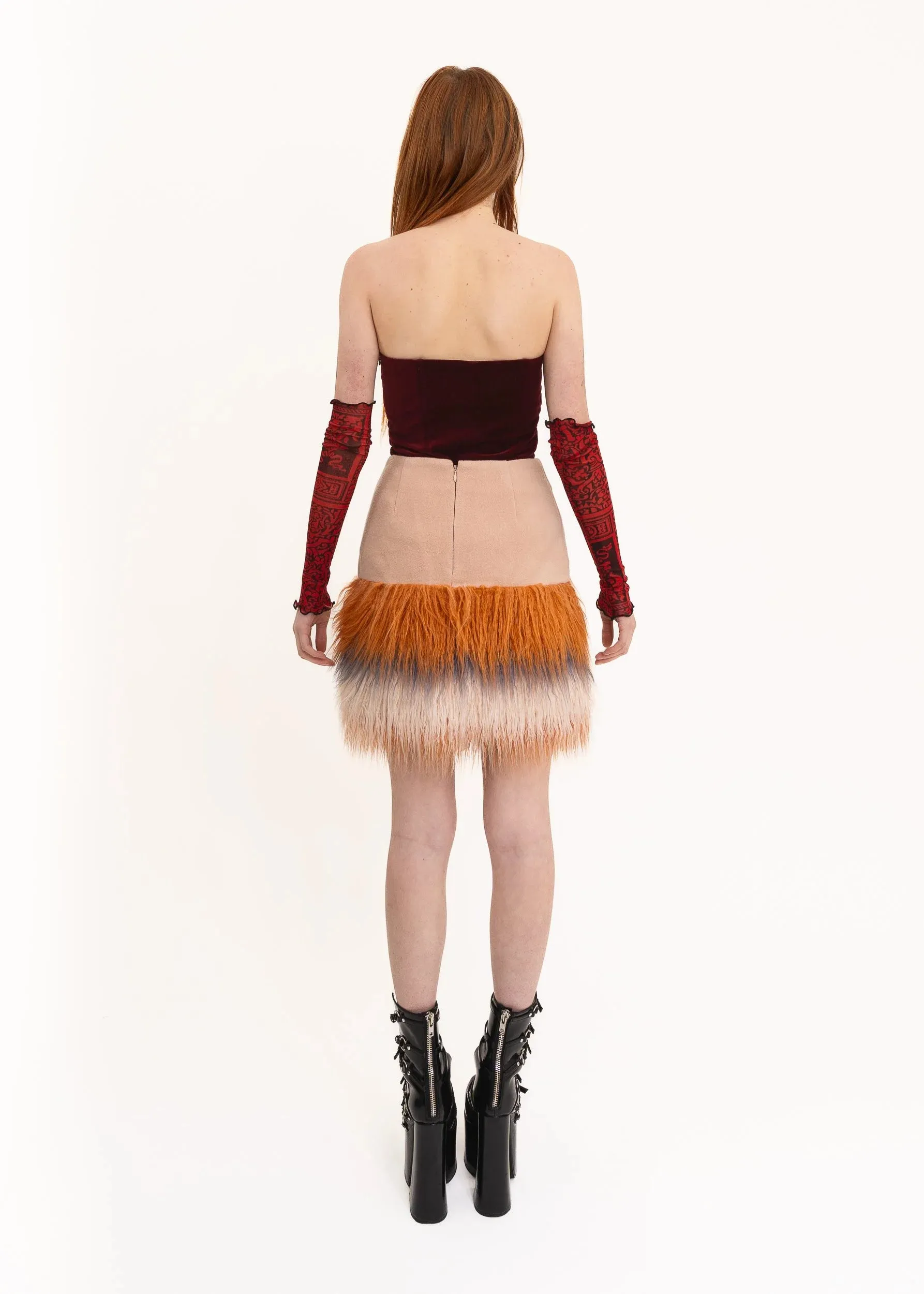 Faux Mongolian sheepskin trimmed mini skirt