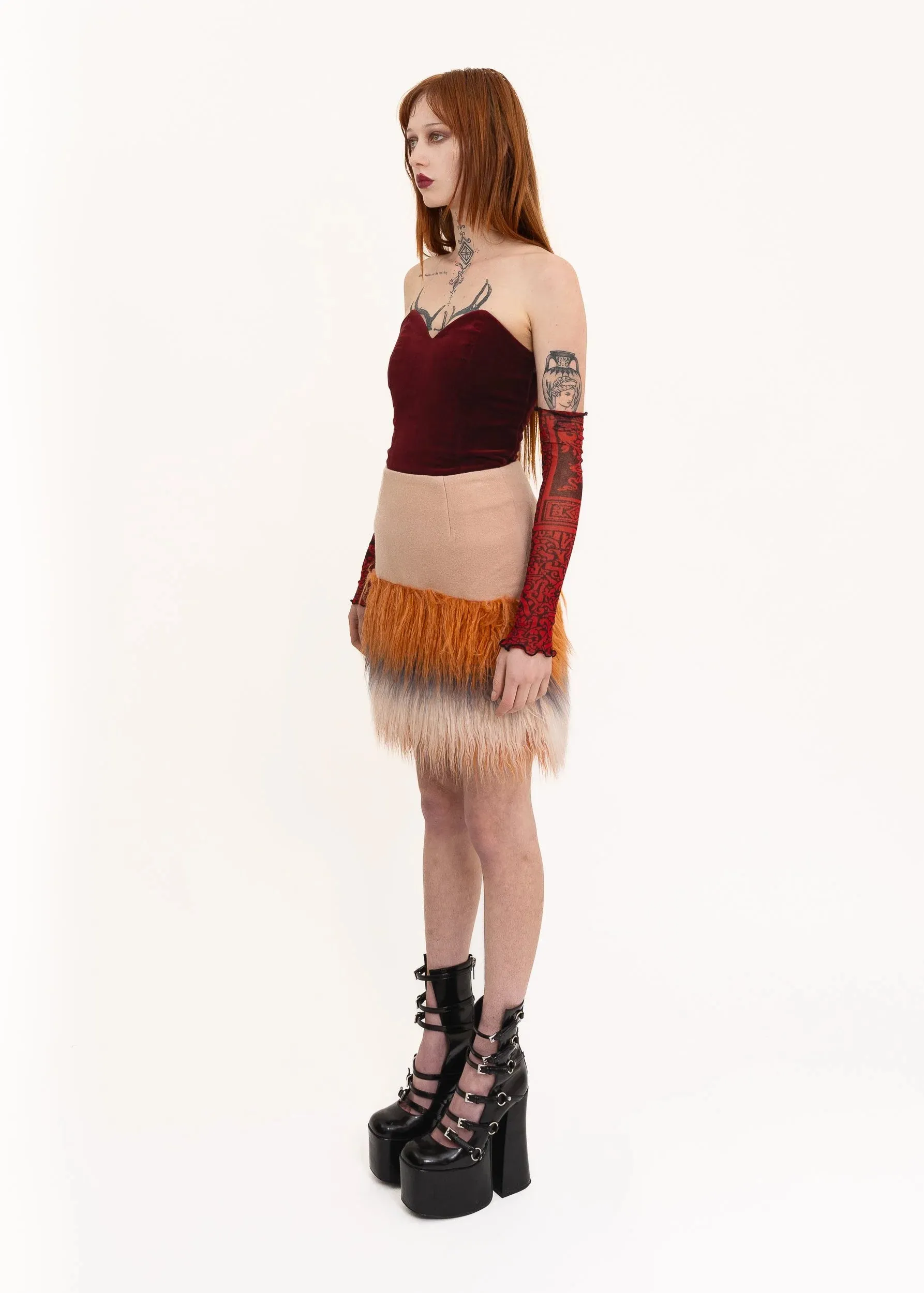 Faux Mongolian sheepskin trimmed mini skirt