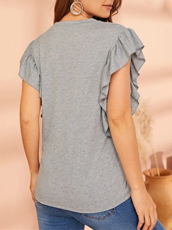 Flouncing Sleeve Round Neck Slim Women's T-shirt