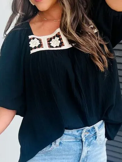 Flower Crochet Square Neck Puff Sleeve Blouse