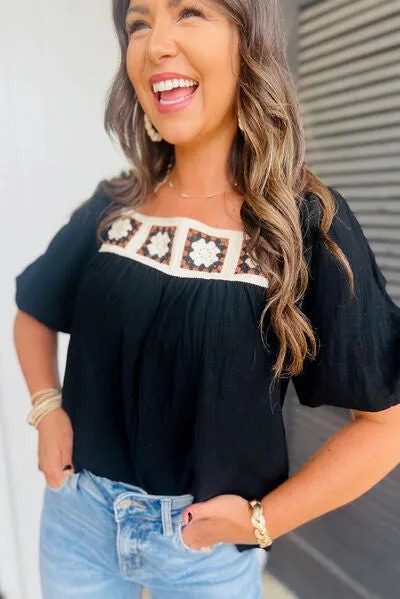 Flower Crochet Square Neck Puff Sleeve Blouse