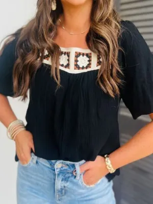 Flower Crochet Square Neck Puff Sleeve Blouse