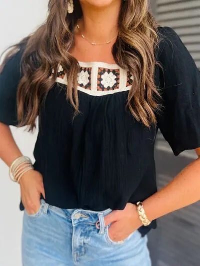 Flower Crochet Square Neck Puff Sleeve Blouse
