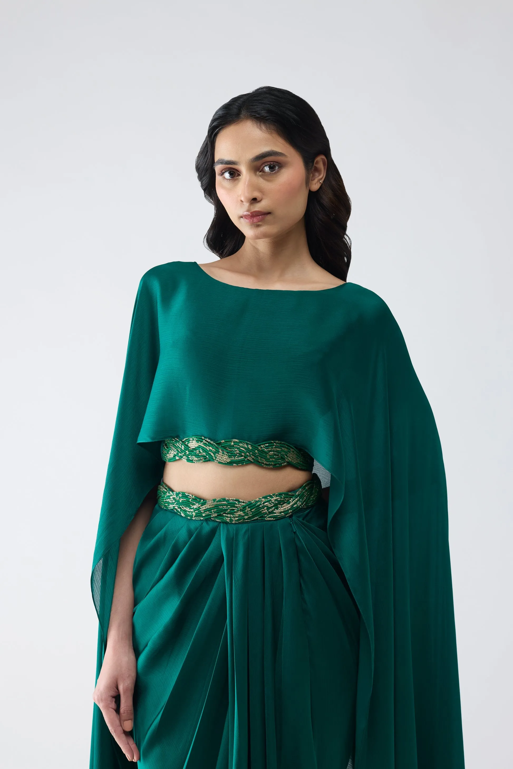 Fluid Cropped Cape And Skirt With Vintage Banarsi Detailing