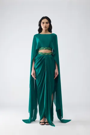 Fluid Cropped Cape And Skirt With Vintage Banarsi Detailing