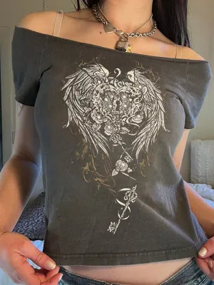 Graues Vintage Flügel Druck Kurzarm T-Shirt