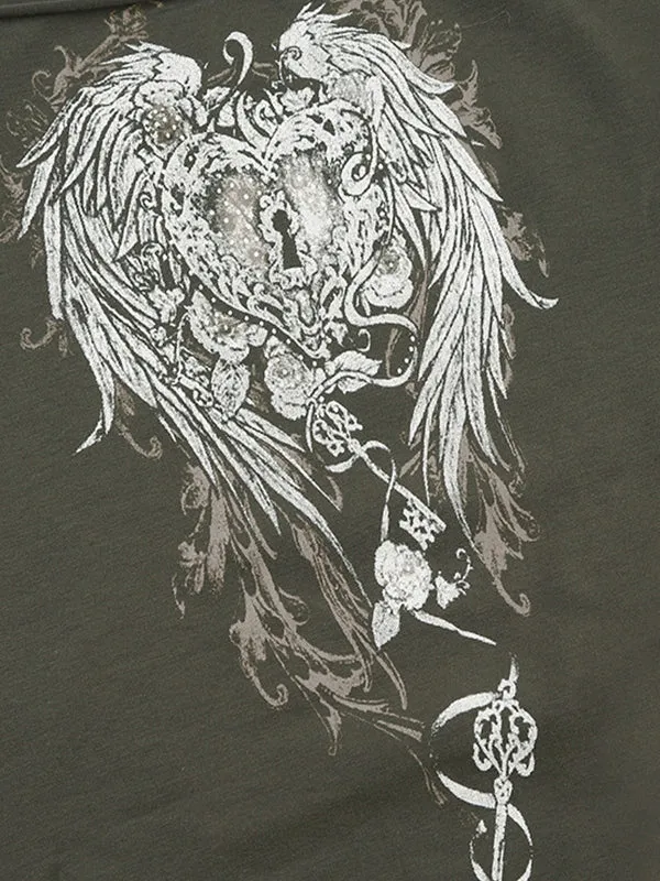 Graues Vintage Flügel Druck Kurzarm T-Shirt