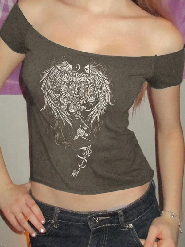Graues Vintage Flügel Druck Kurzarm T-Shirt