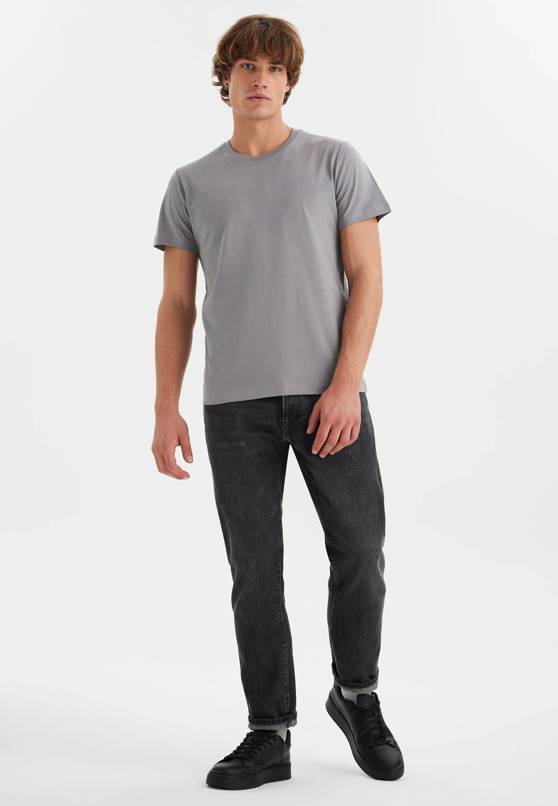 Gri Bisiklet Yaka Pamuklu Erkek T-Shirt VITAL