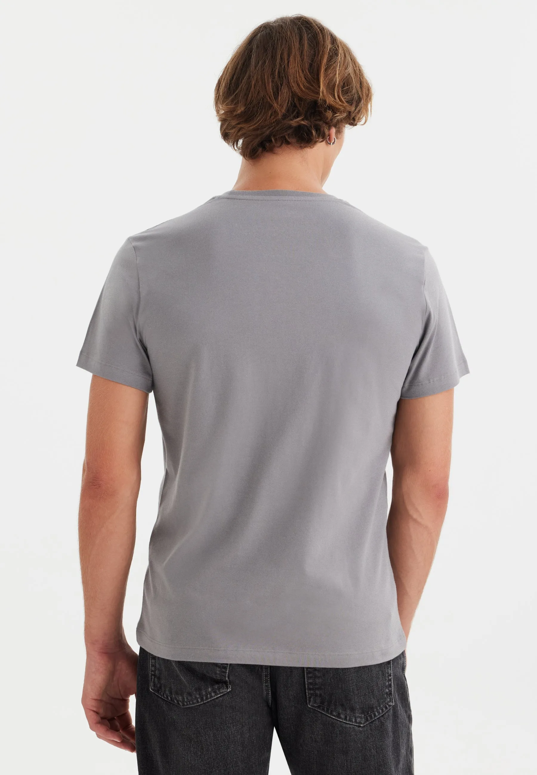 Gri Bisiklet Yaka Pamuklu Erkek T-Shirt VITAL