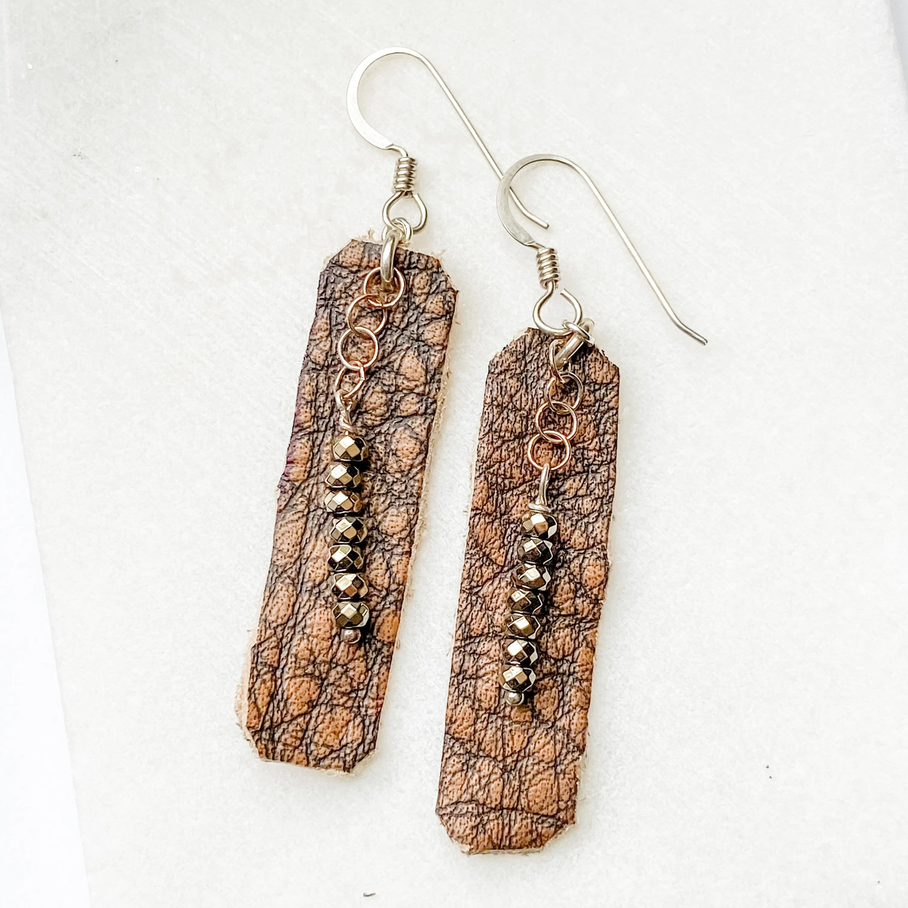 Hand Cut Rectangle Brown Vegan Leather Earrings