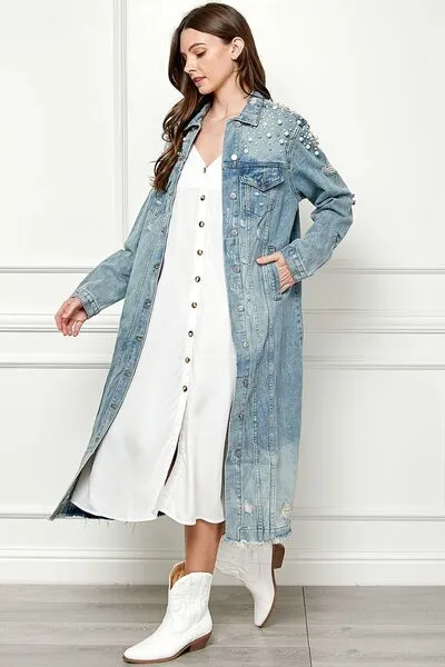 Hazel Blues® |  Veveret Distressed Raw Hem Pearl Detail Button Up Jacket