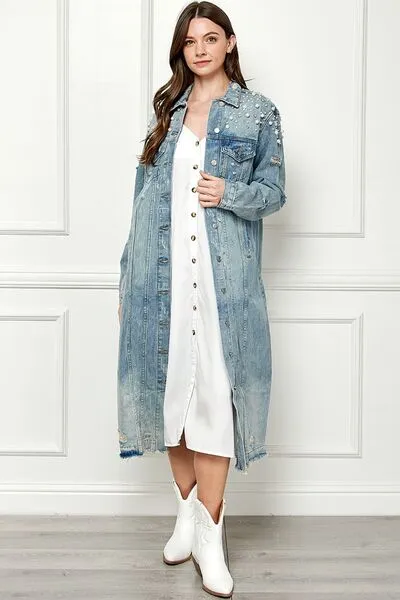 Hazel Blues® |  Veveret Distressed Raw Hem Pearl Detail Button Up Jacket