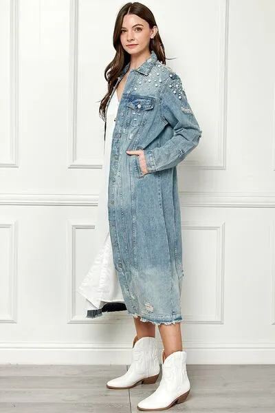 Hazel Blues® |  Veveret Distressed Raw Hem Pearl Detail Button Up Jacket