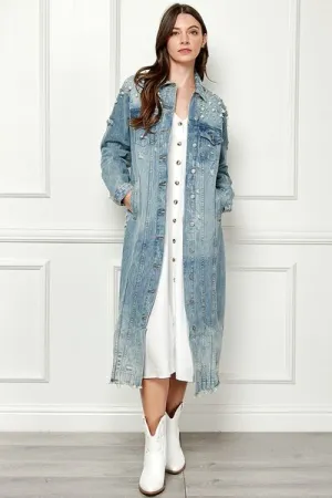 Hazel Blues® |  Veveret Distressed Raw Hem Pearl Detail Button Up Jacket