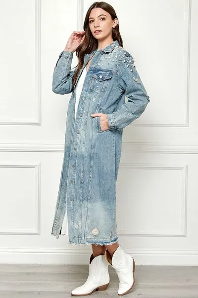 Hazel Blues® |  Veveret Distressed Raw Hem Pearl Detail Button Up Jacket