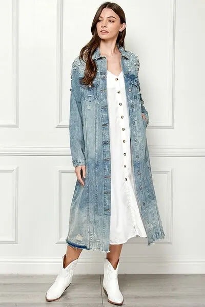 Hazel Blues® |  Veveret Distressed Raw Hem Pearl Detail Button Up Jacket