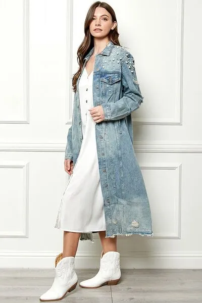 Hazel Blues® |  Veveret Distressed Raw Hem Pearl Detail Button Up Jacket