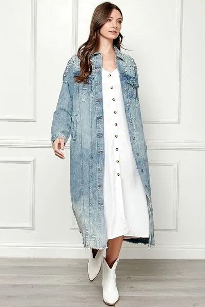 Hazel Blues® |  Veveret Distressed Raw Hem Pearl Detail Button Up Jacket