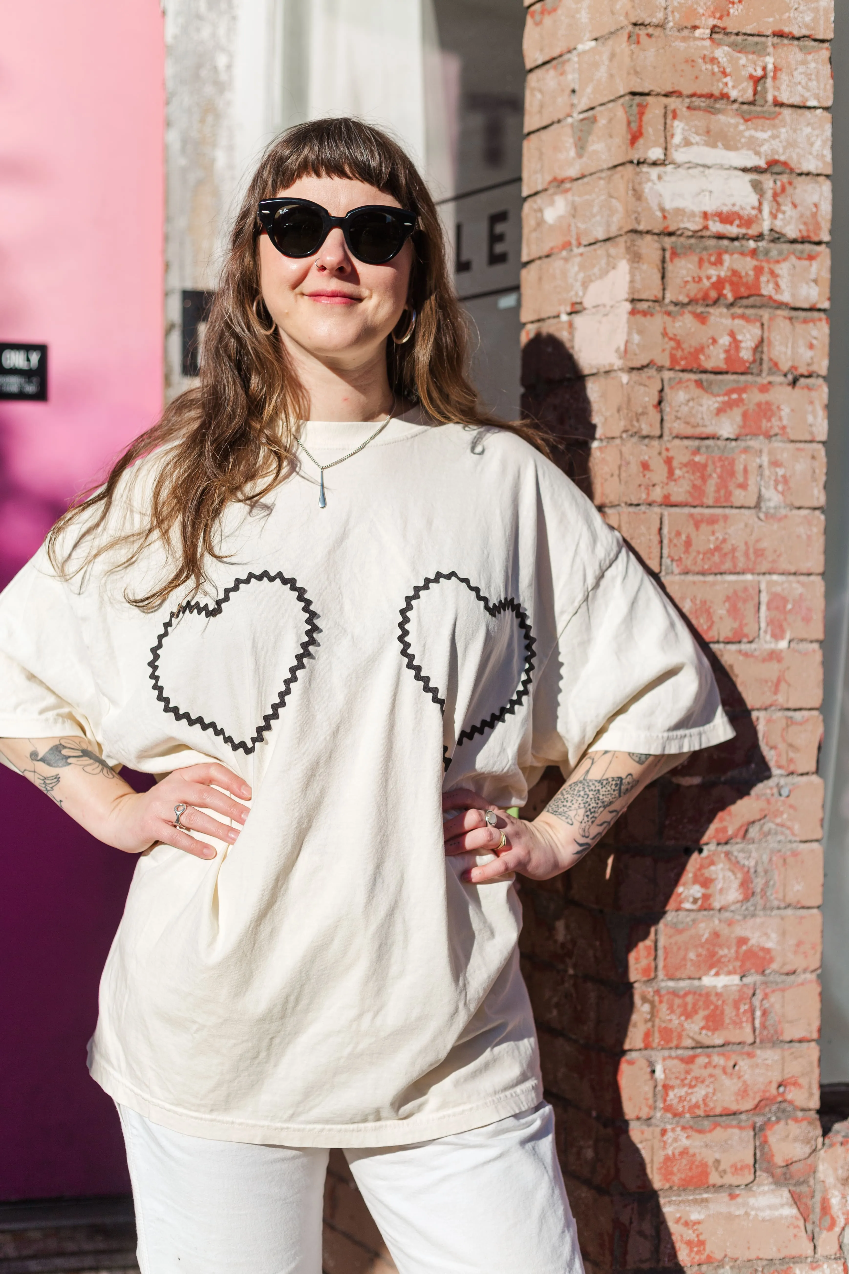 Heart T-Shirt - Cream/Black Double Heart - Size 3XL #2 (RTS)