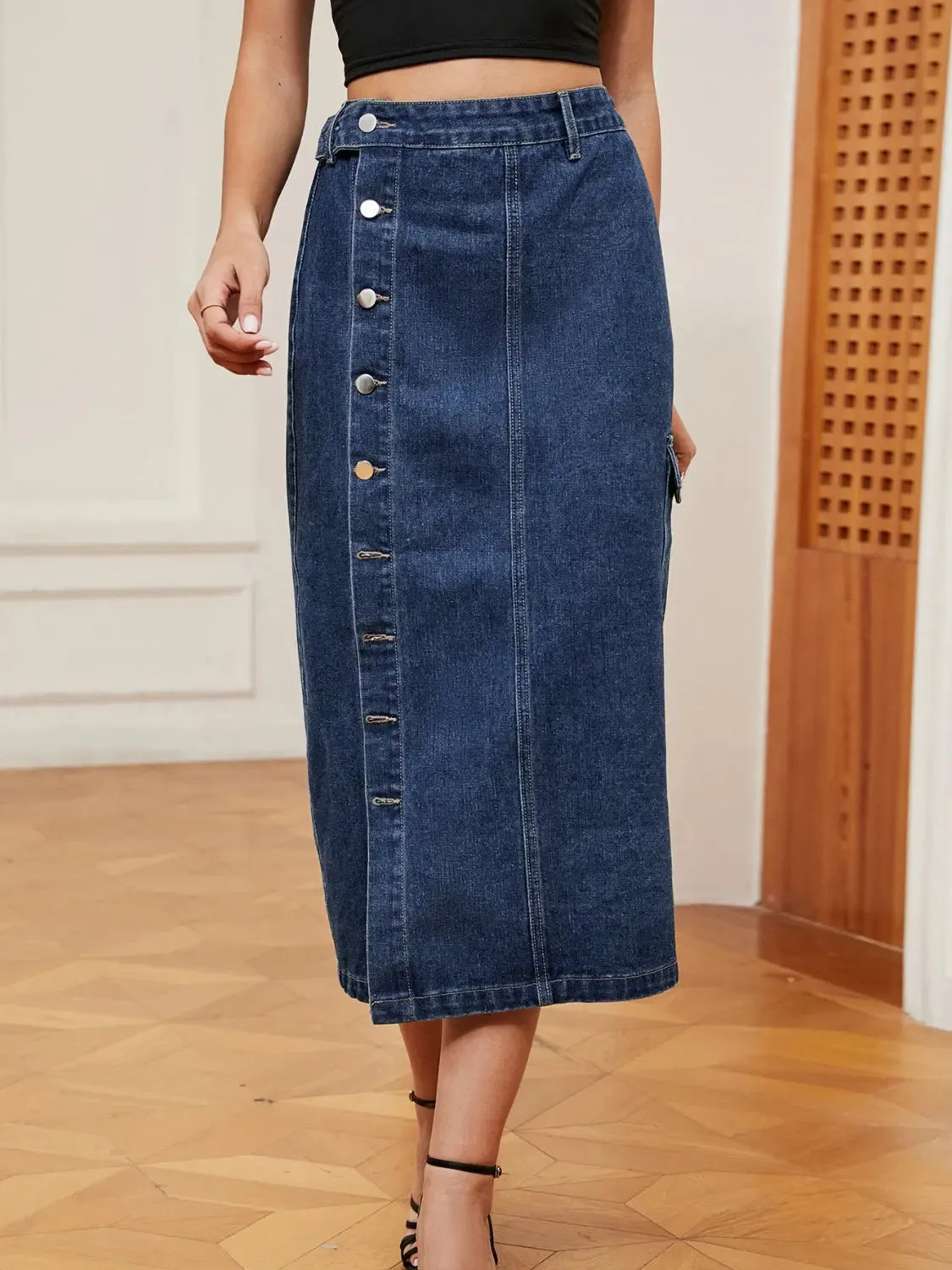 'Heidi' Button Down Midi Denim Skirt
