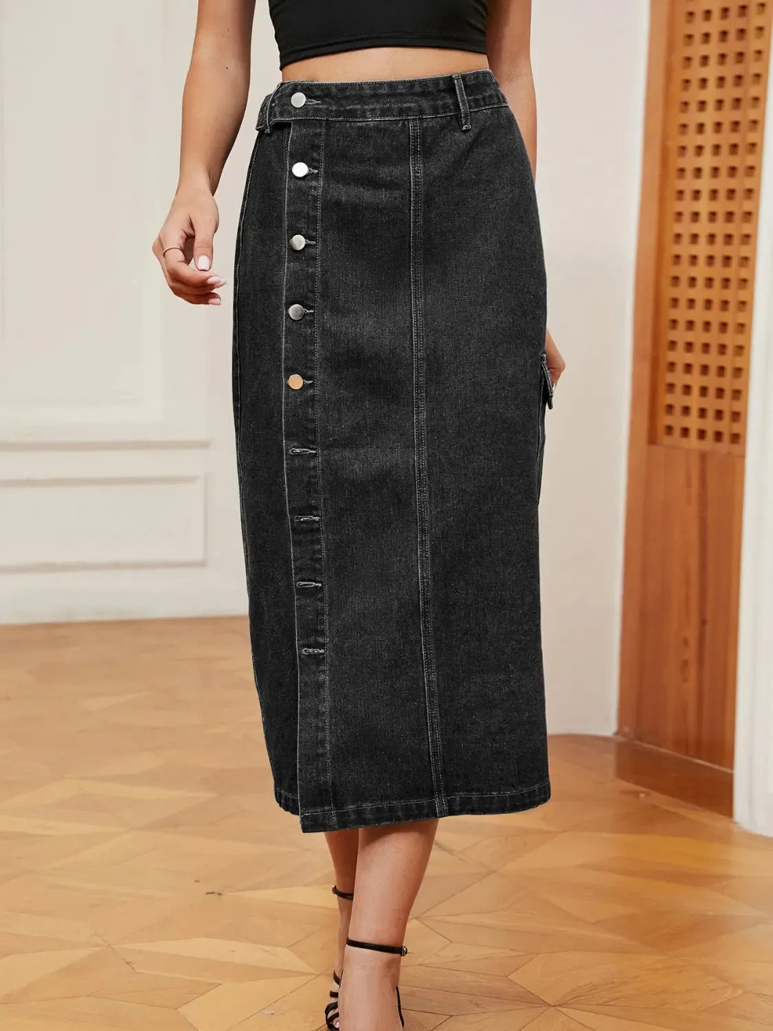'Heidi' Button Down Midi Denim Skirt