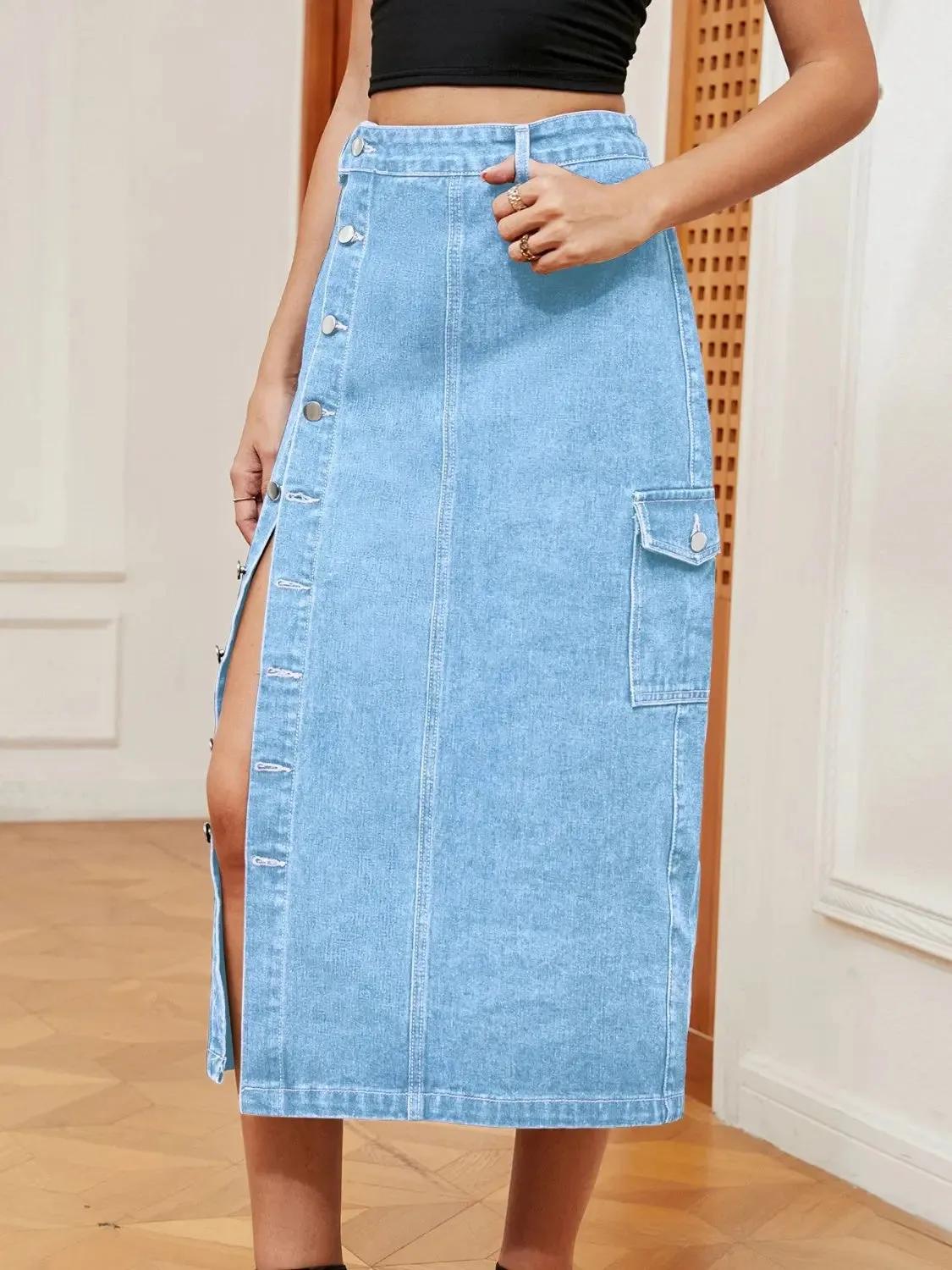 'Heidi' Button Down Midi Denim Skirt