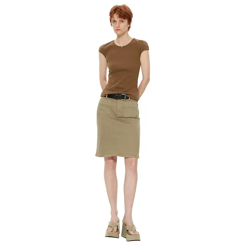 High-Waisted Beige Midi Skirt