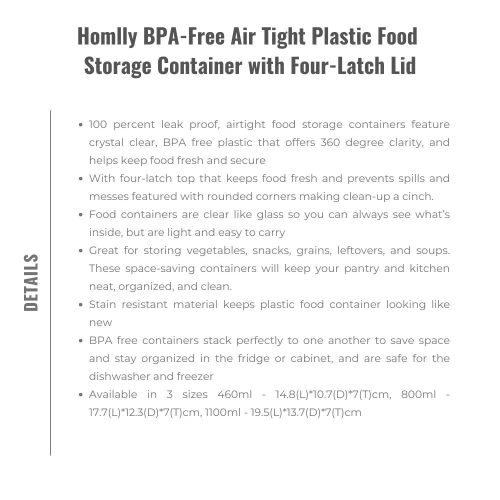 Homlly BPA-Free Air Tight Plastic Food Storage Container with Four-Latch Lid for Lunch, Meal Prep and Leftovers