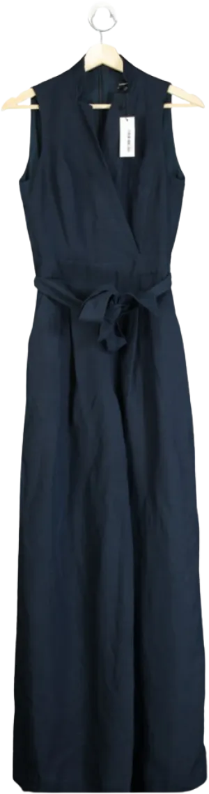 Karen Millen Blue Fluid Tailored Notch Neck Belted Straight Leg Jumpsuit UK 6