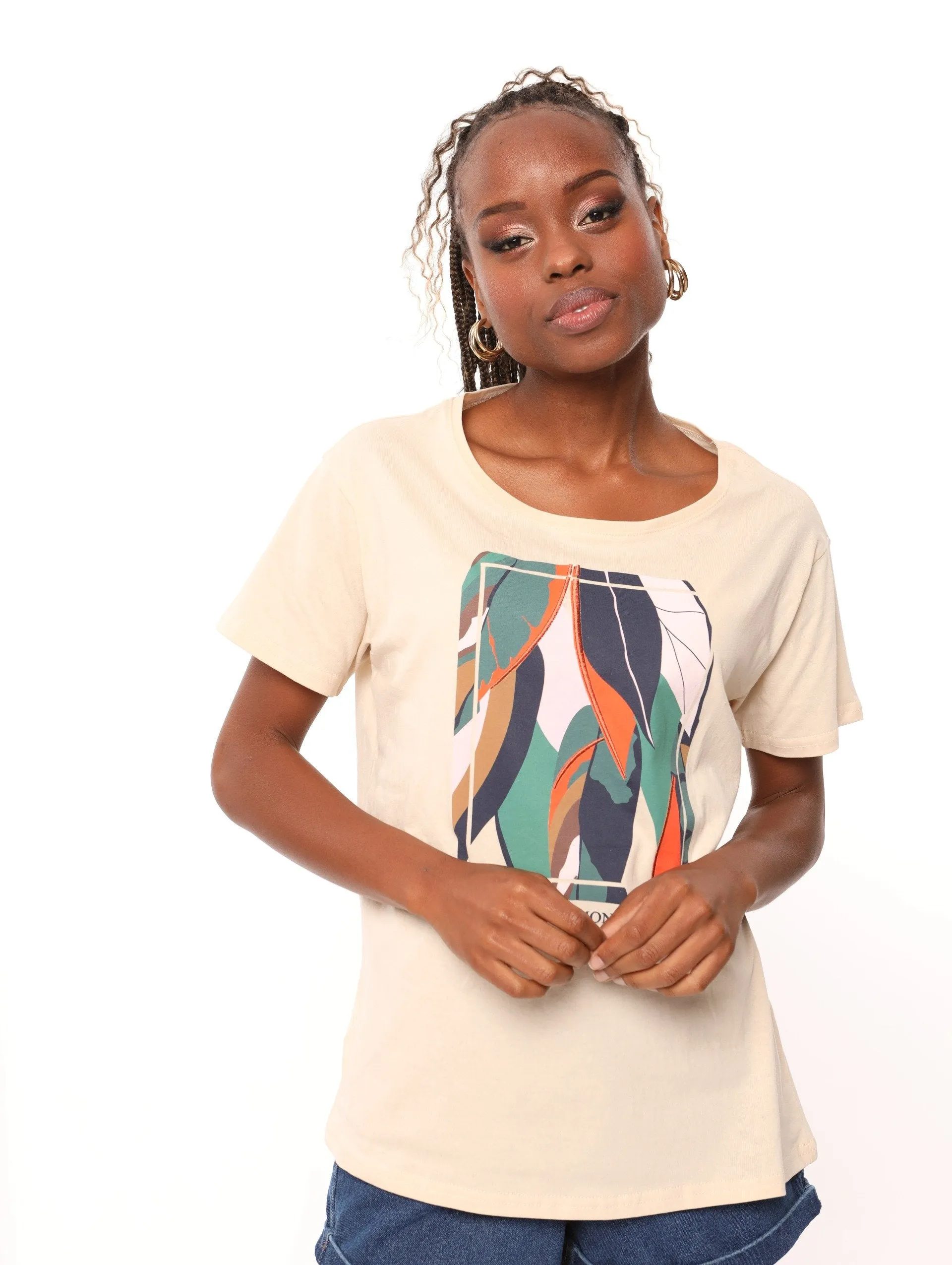 Ladies Mon Amour Leaves Fitted Tee - Cream