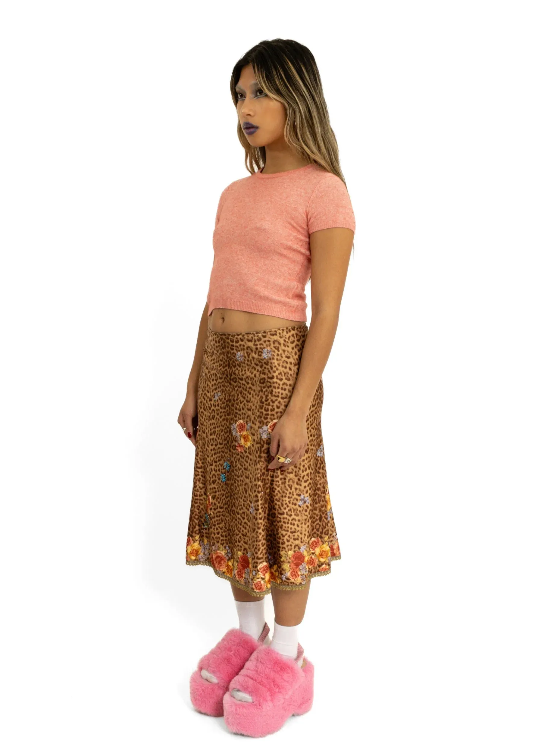 Leopard print/ floral velvet skirt with beading detail